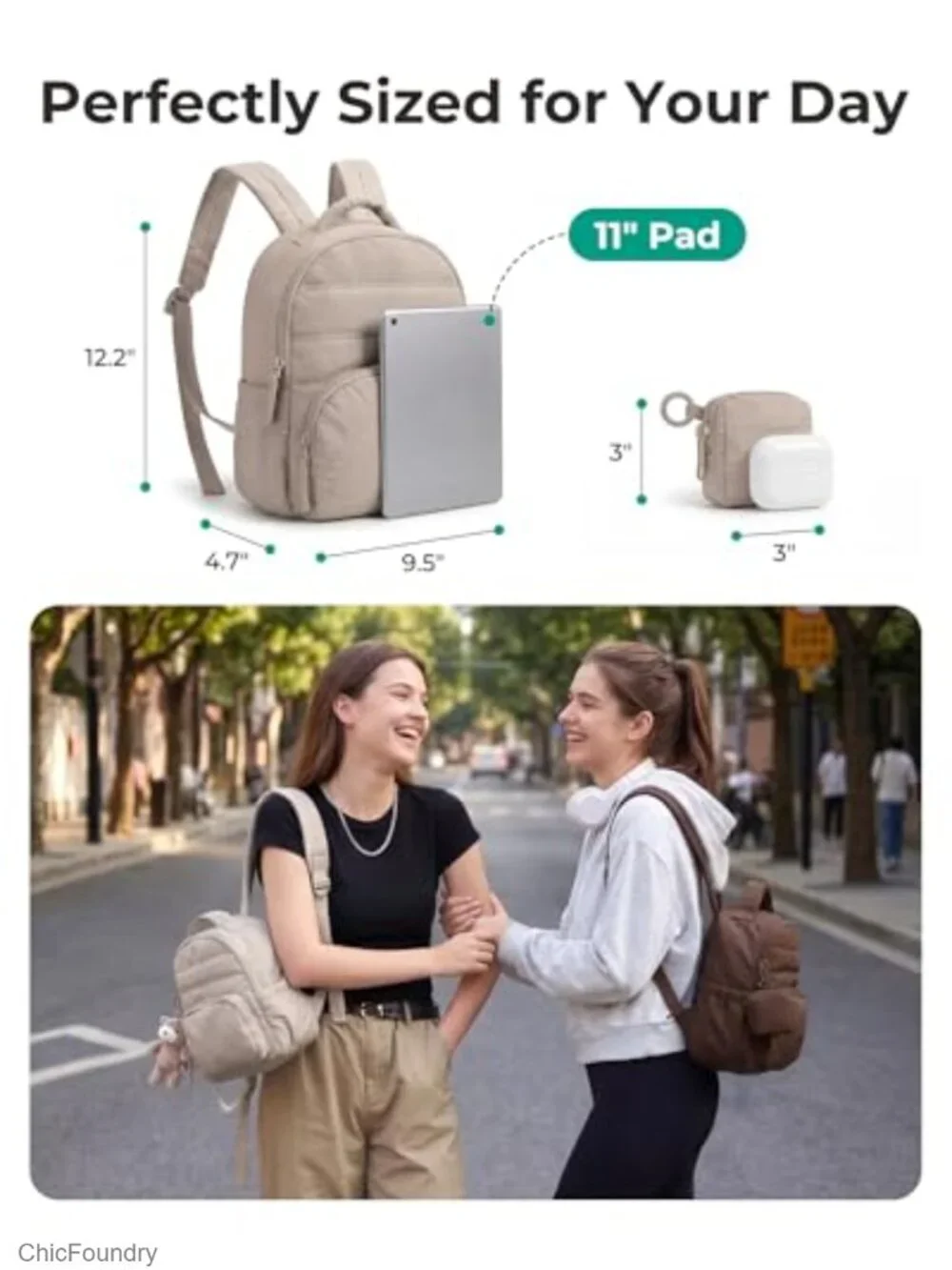 Puffer Mini Backpack with Detachable Pouch, Lightweight Purse, Laptop